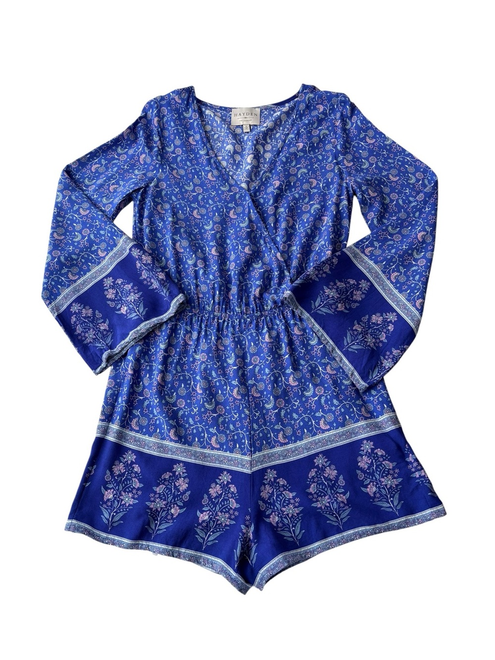 Hayden Los Angeles Blue Floral Bell Sleeve Boho Romper Border Print Size Small